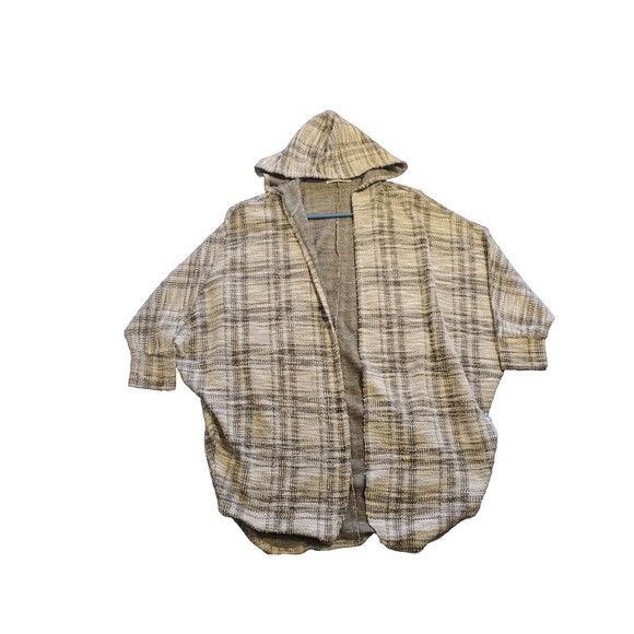 Womens Plaid Cardigan Small Lightweight Gray Hooded 1/2 Sleeve Boho - Picture 3 of 13